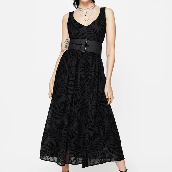 Disturbia Dresses & Skirts - Disturbia Black Lunafern Printed Midi Maxi Dress Sz 16 NWT Tie Back Goth Gypsy